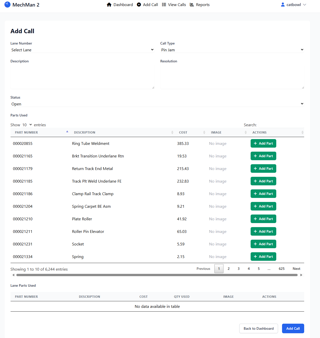 Edit Call form showing pin setup and parts