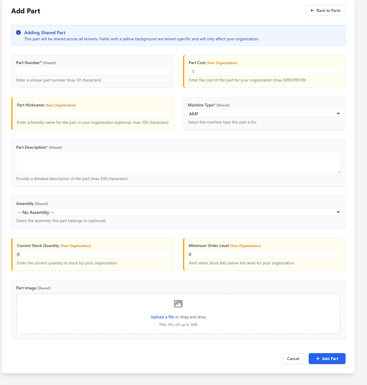 Add Part form showing fields for part information