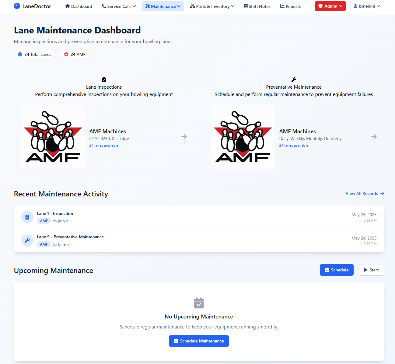AMF Maintenance dropdown menu
