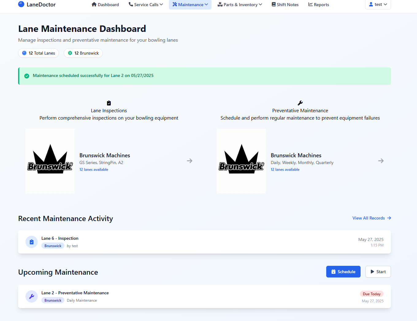 Brunswick Maintenance dropdown menu