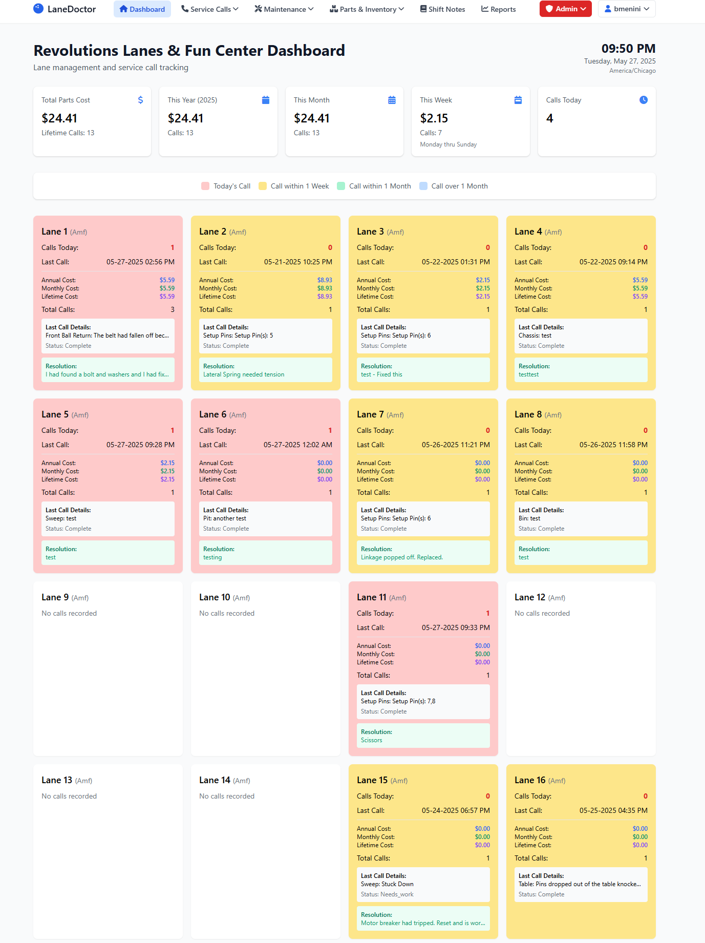 LaneDoctor Dashboard showing lane cards with service call status