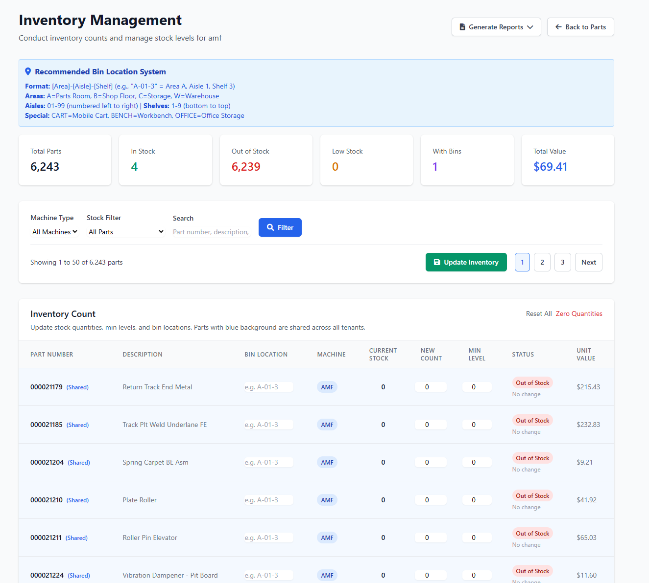 Inventory management screen with statistics