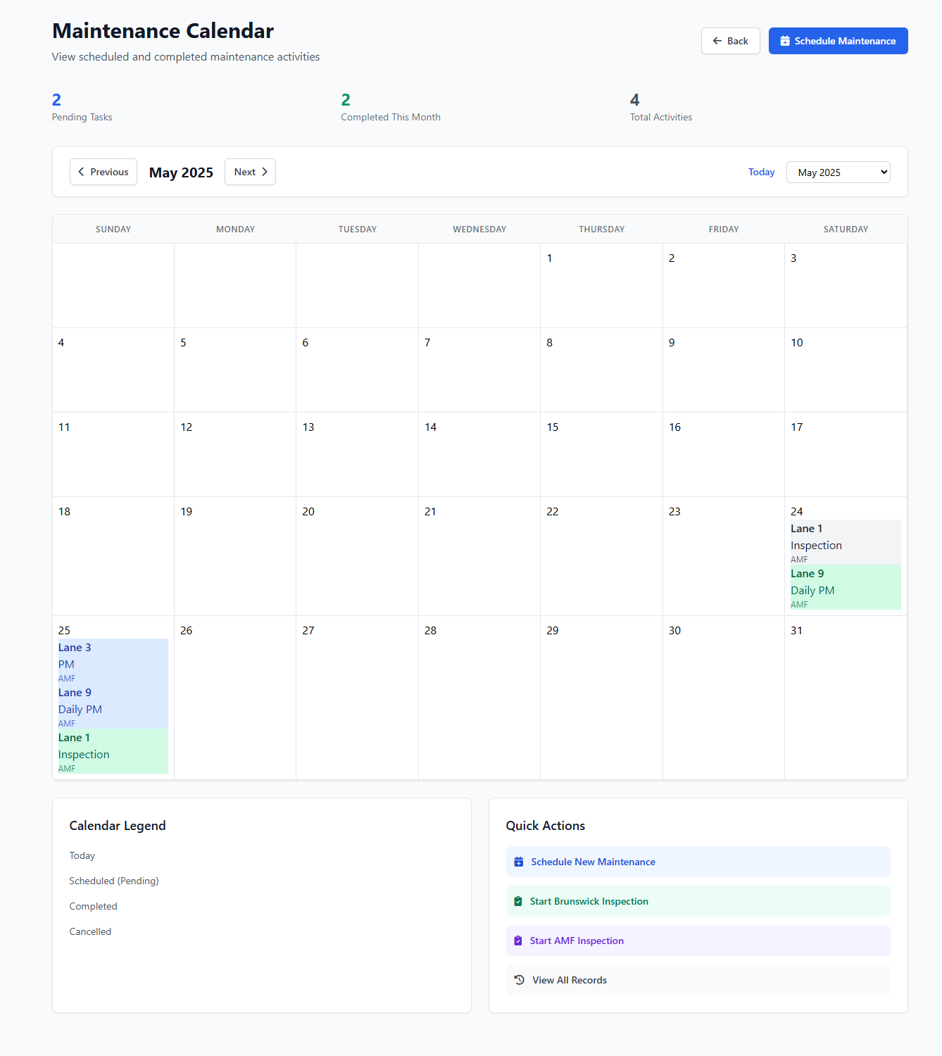 Maintenance calendar showing scheduled tasks