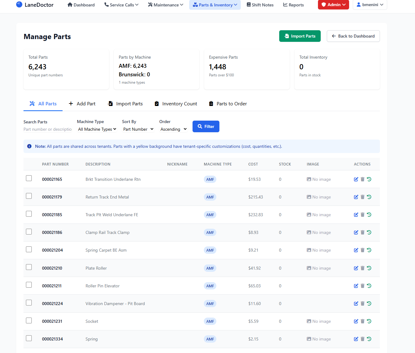 Parts management screen showing inventory list