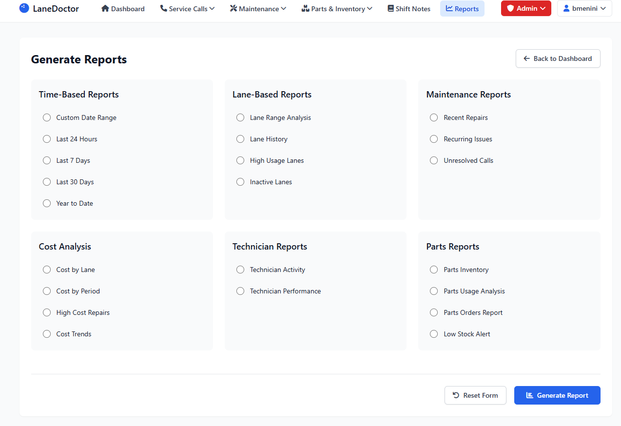 Reports selection screen
