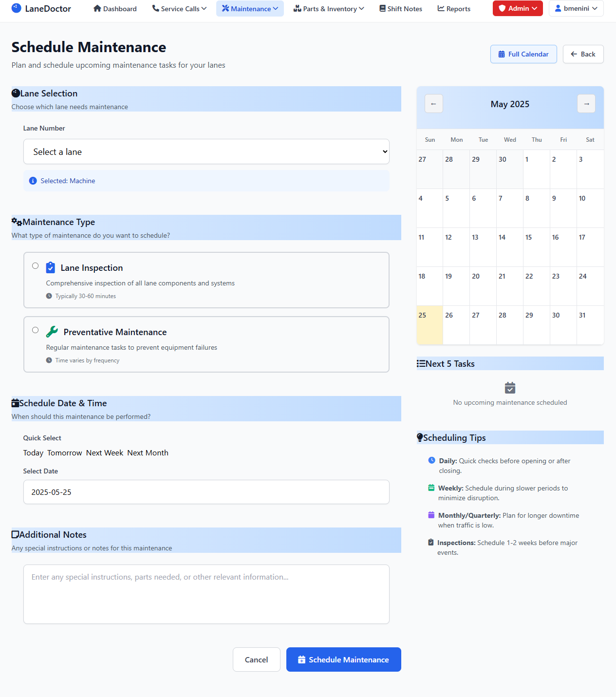 Schedule Maintenance form with calendar and options