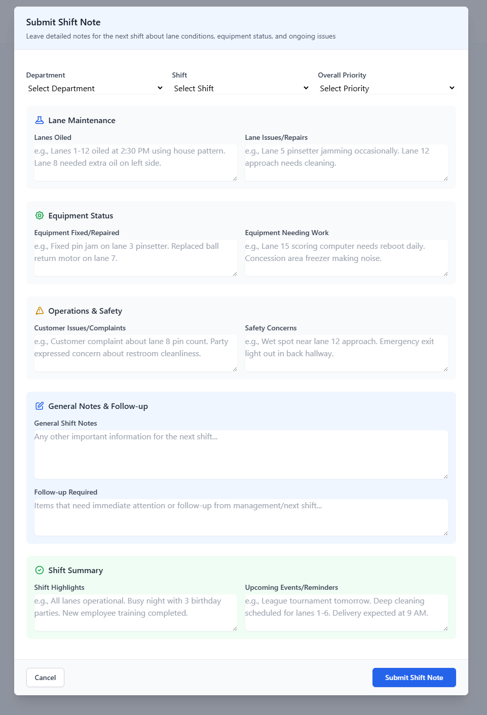 Shift notes form