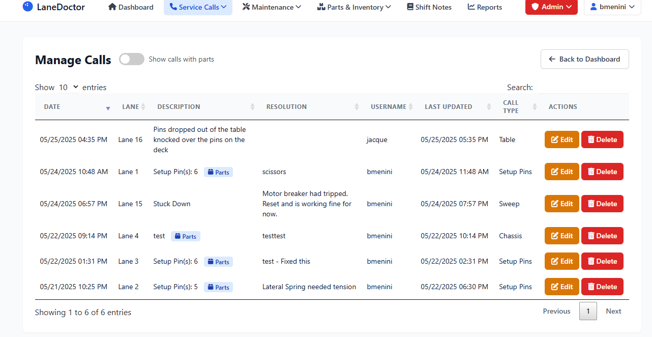 Manage Calls screen showing call list with filters